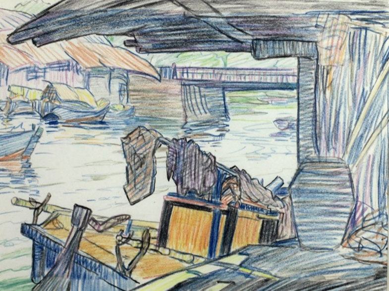 A drawing of a boat with a river and a bridge

Description automatically generated with medium confidence