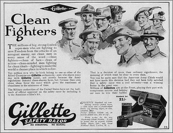 Description: http://www.bruceonshaving.com/wp-content/uploads/2011/01/Gillette-1910%E2%80%99s-Wartime-Sales-Ladies-Shaving-2.png
